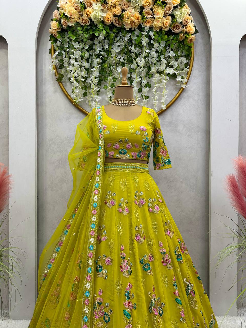 Designer Yellow Colour Georgette Fabric With Long Flair And Thread & Sequences Work Lehenga Choli