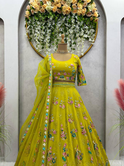 Designer Yellow Colour Georgette Fabric With Long Flair And Thread & Sequences Work Lehenga Choli
