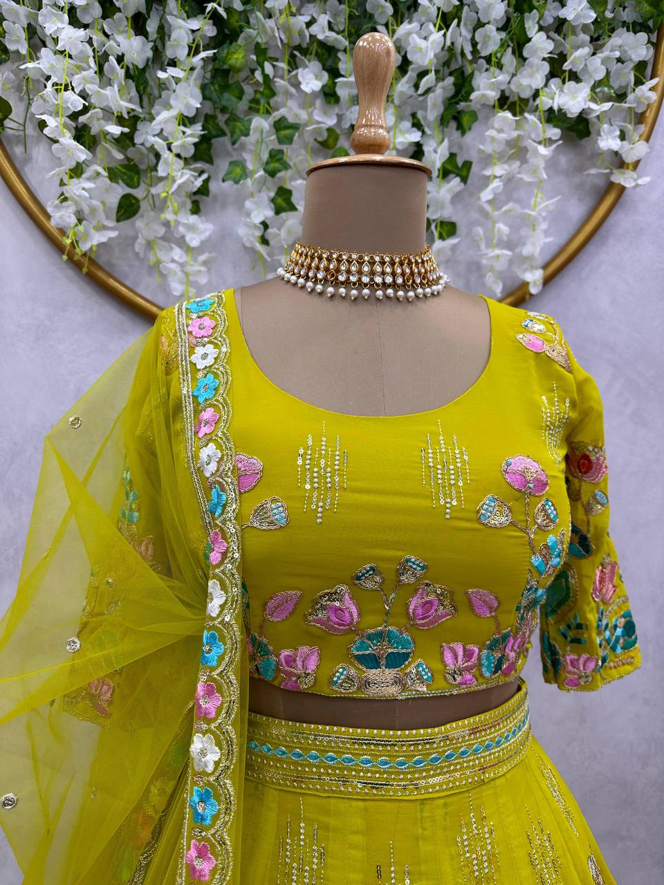Designer Yellow Colour Georgette Fabric With Long Flair And Thread & Sequences Work Lehenga Choli
