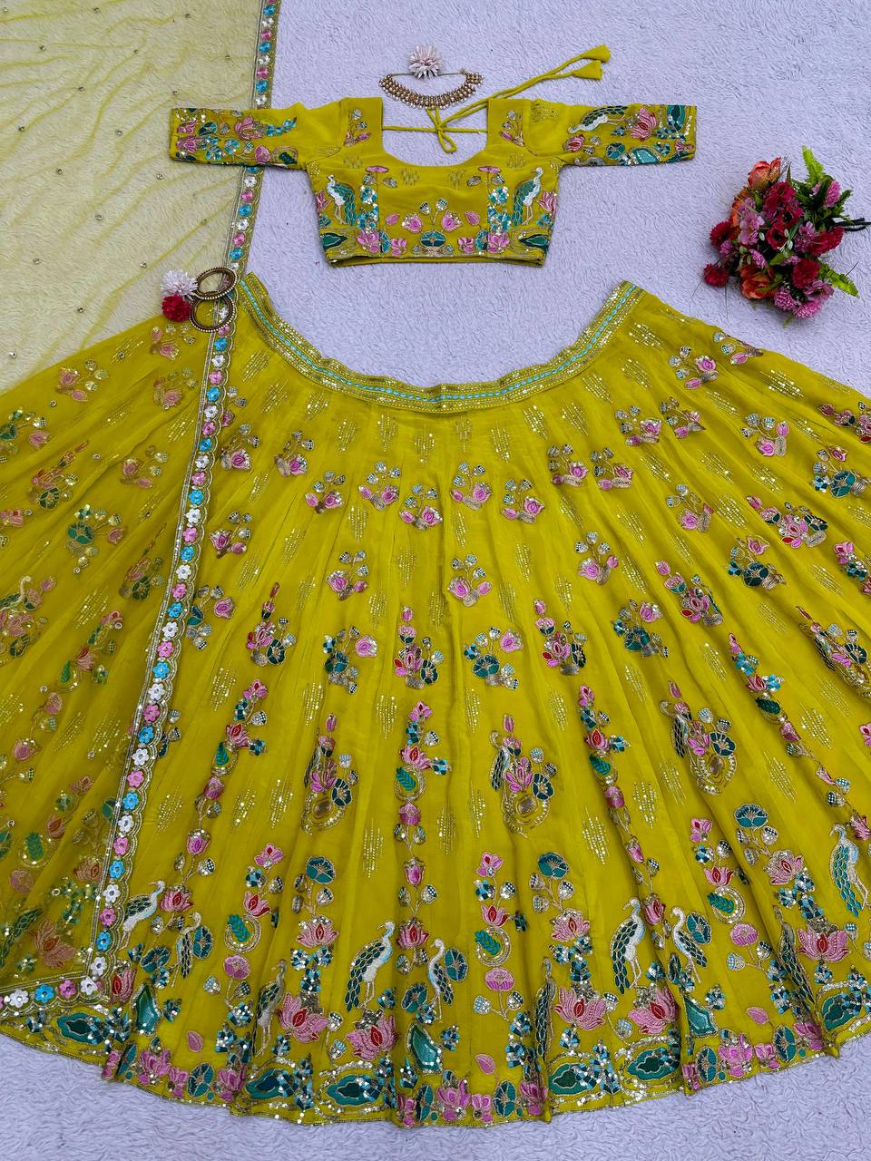 Designer Yellow Colour Georgette Fabric With Long Flair And Thread & Sequences Work Lehenga Choli