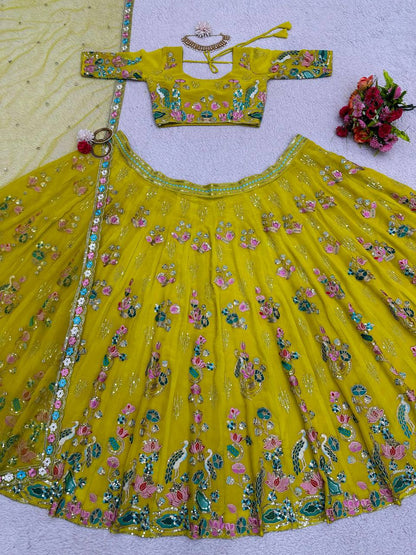 Designer Yellow Colour Georgette Fabric With Long Flair And Thread & Sequences Work Lehenga Choli