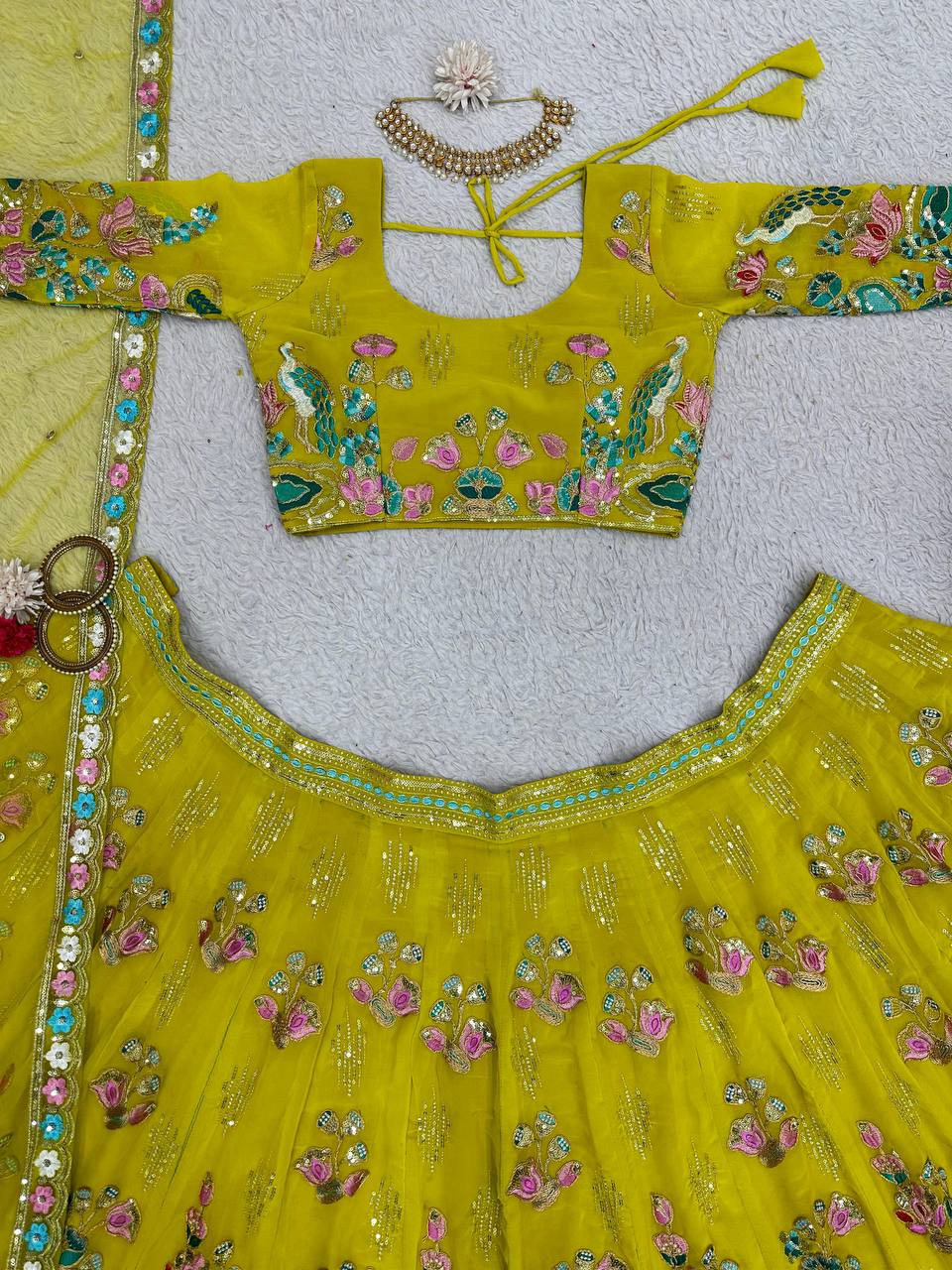 Designer Yellow Colour Georgette Fabric With Long Flair And Thread & Sequences Work Lehenga Choli