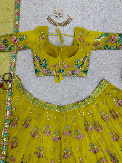 Designer Yellow Colour Georgette Fabric With Long Flair And Thread & Sequences Work Lehenga Choli