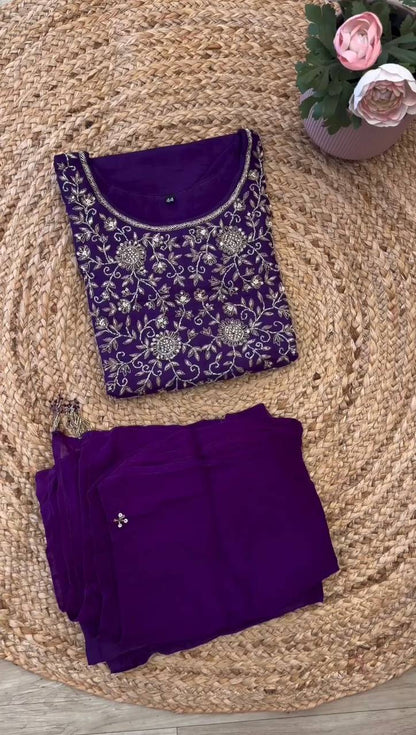 Attractive Purple Colour Georgette Fabric With Thread Work Top , Plazo With Dupatta