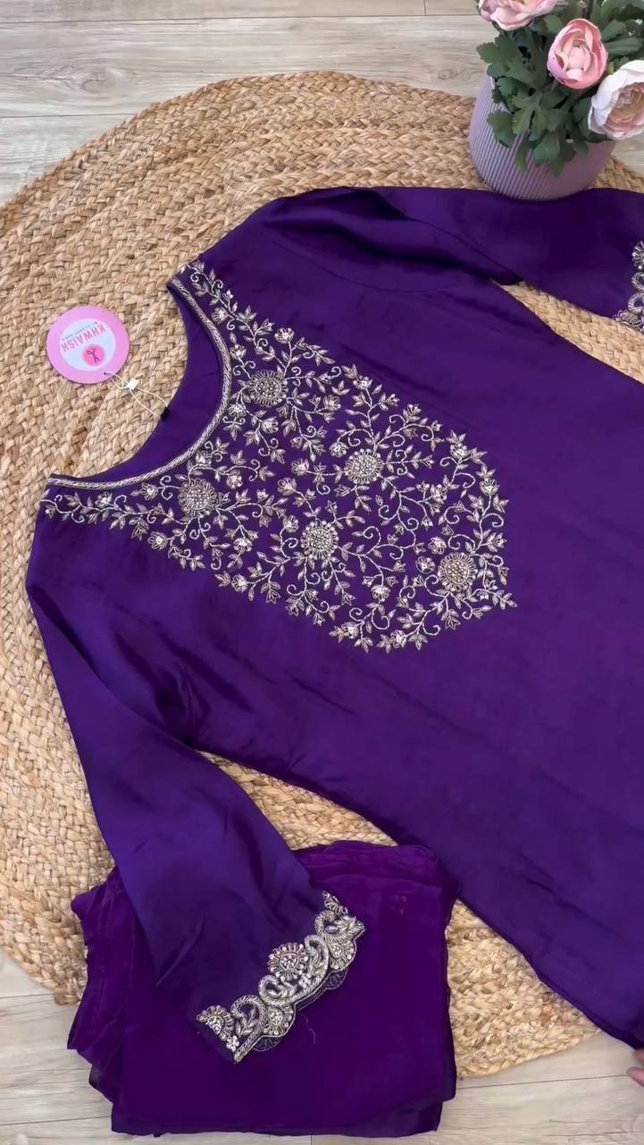 Attractive Purple Colour Georgette Fabric With Thread Work Top , Plazo With Dupatta