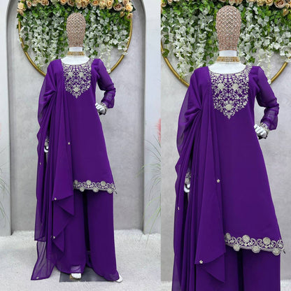 Attractive Purple Colour Georgette Fabric With Thread Work Top , Plazo With Dupatta