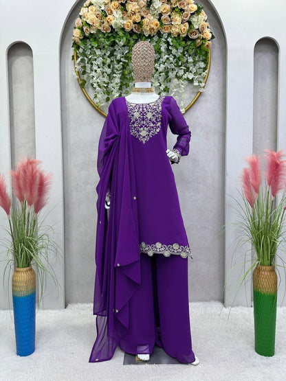 Attractive Purple Colour Georgette Fabric With Thread Work Top , Plazo With Dupatta