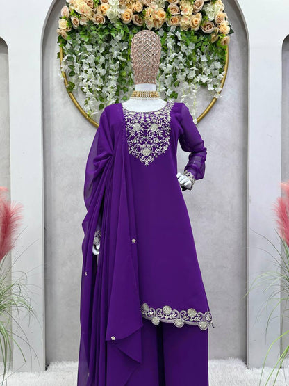 Attractive Purple Colour Georgette Fabric With Thread Work Top , Plazo With Dupatta