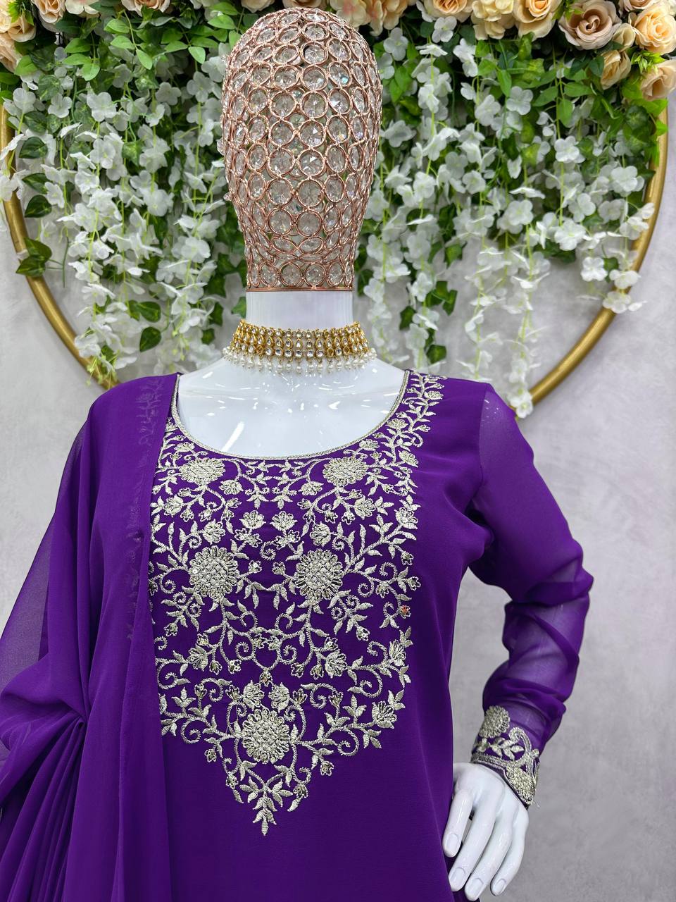 Attractive Purple Colour Georgette Fabric With Thread Work Top , Plazo With Dupatta