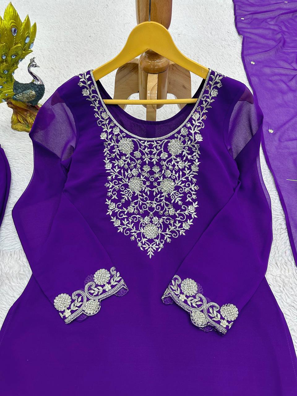Attractive Purple Colour Georgette Fabric With Thread Work Top , Plazo With Dupatta