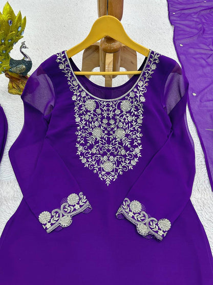 Attractive Purple Colour Georgette Fabric With Thread Work Top , Plazo With Dupatta