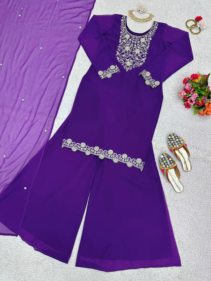 Attractive Purple Colour Georgette Fabric With Thread Work Top , Plazo With Dupatta