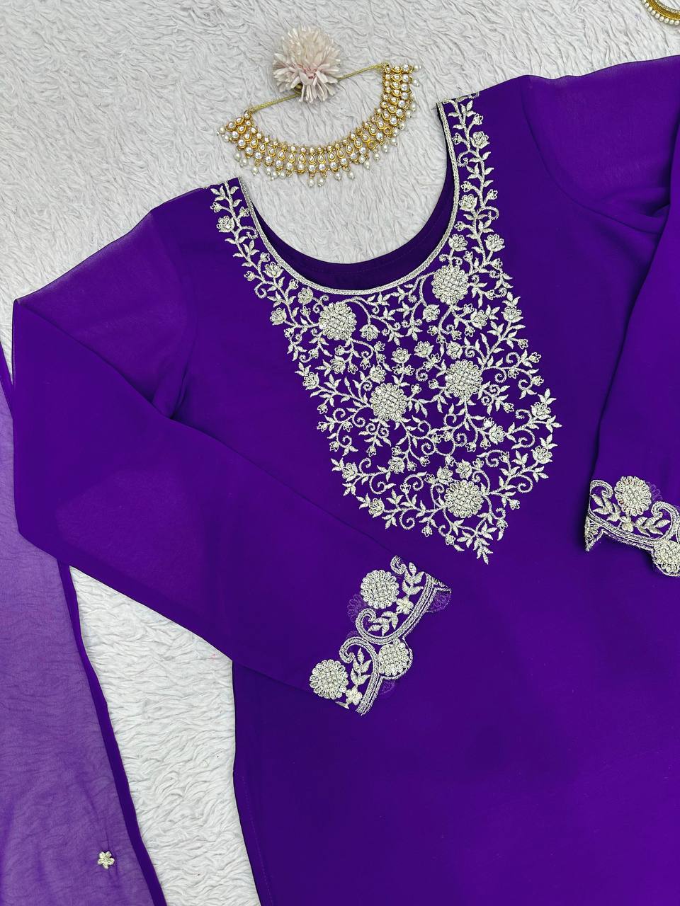 Attractive Purple Colour Georgette Fabric With Thread Work Top , Plazo With Dupatta
