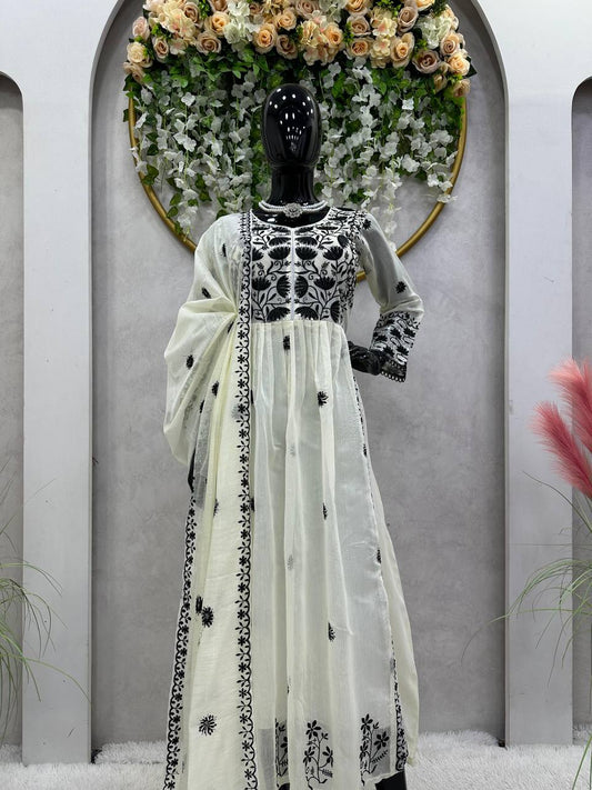 Designer Western Style Chanderi Fabric And Thread Work White Colour Fully Stitched Suit