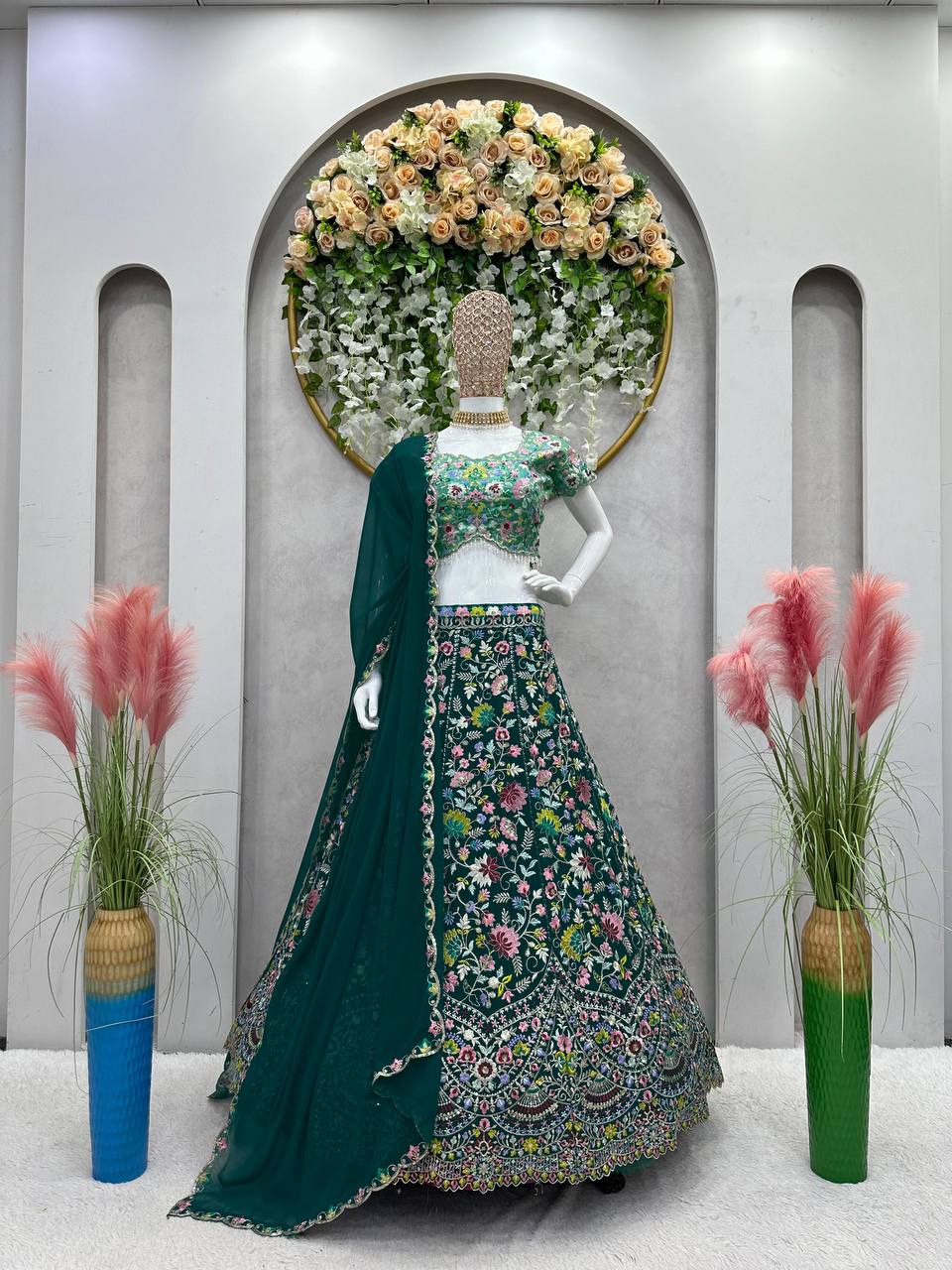 Designer Green Color Georgette Thread With Sequence Work Lehanga Cholii