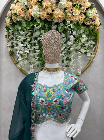 Designer Green Color Georgette Thread With Sequence Work Lehanga Cholii
