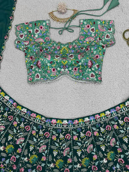Designer Green Color Georgette Thread With Sequence Work Lehanga Cholii