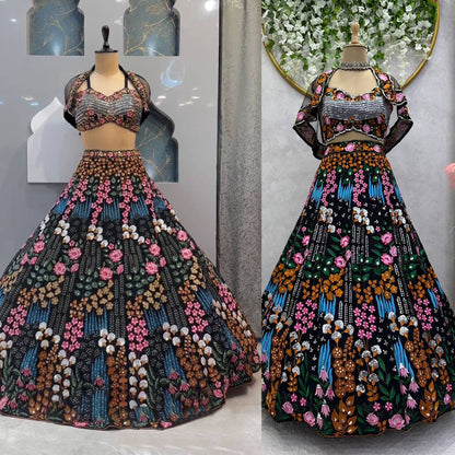 Amazing Black Color Georgette Fabric With Thread And Sequence Work Lehenga Choli With Dupatta