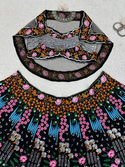 Amazing Black Color Georgette Fabric With Thread And Sequence Work Lehenga Choli With Dupatta