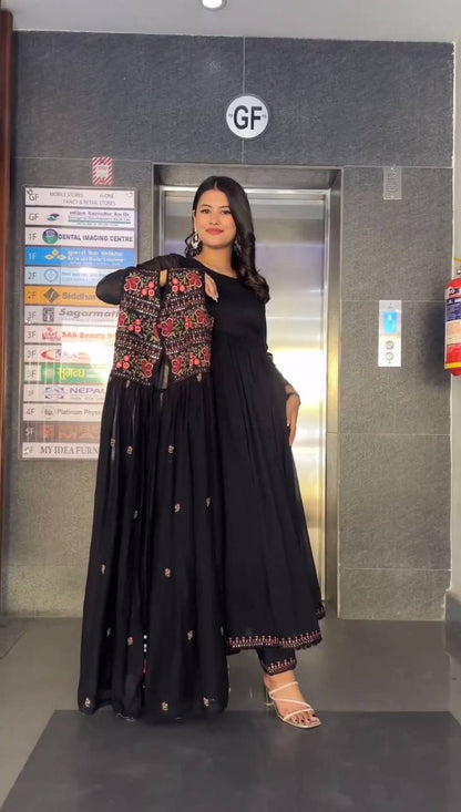 Glamorous Black Colour Full Stitch Georgette Gown With Embroidery Worked Shrug