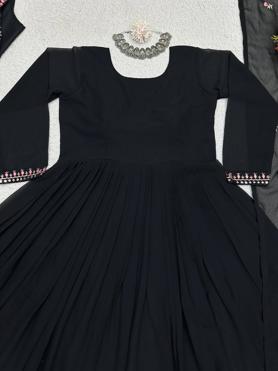 Glamorous Black Colour Full Stitch Georgette Gown With Embroidery Worked Shrug