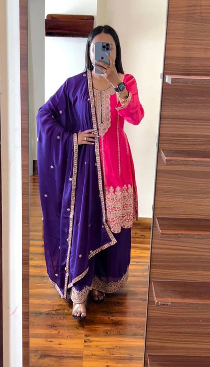 Attractive Designer Chinon Silk With Coding work Sharara Suit