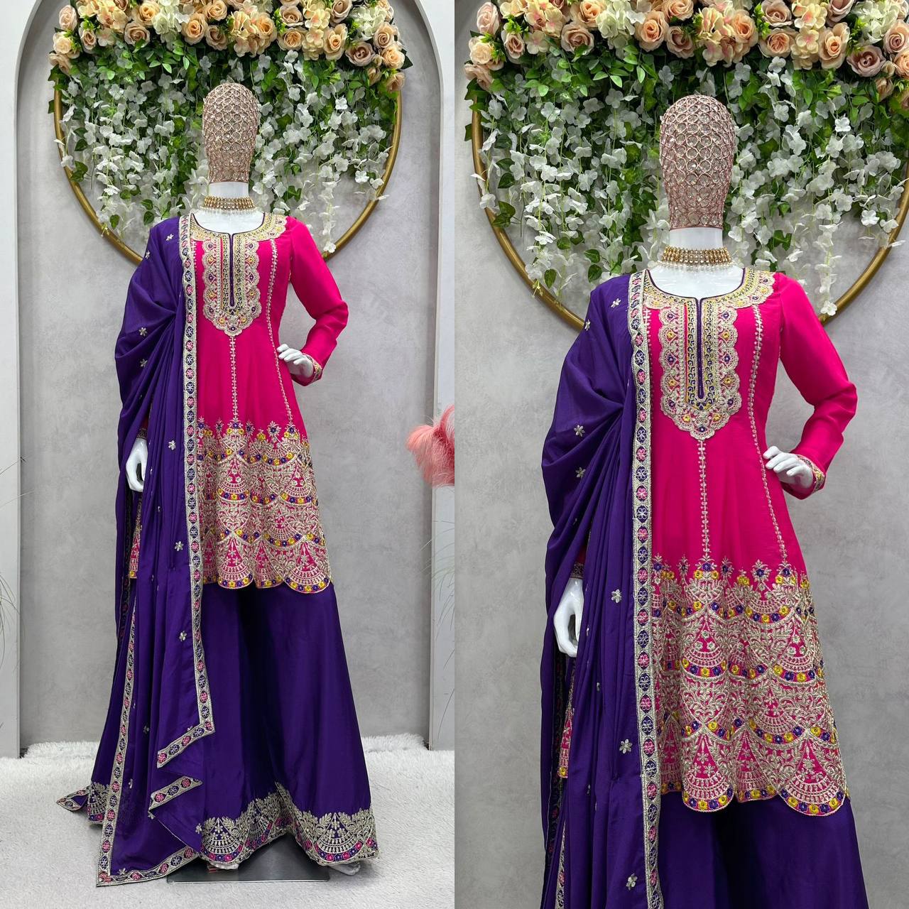 Attractive Designer Chinon Silk With Coding work Sharara Suit