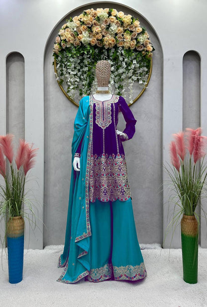 Attractive Designer Chinon Silk With Coding work Sharara Suit