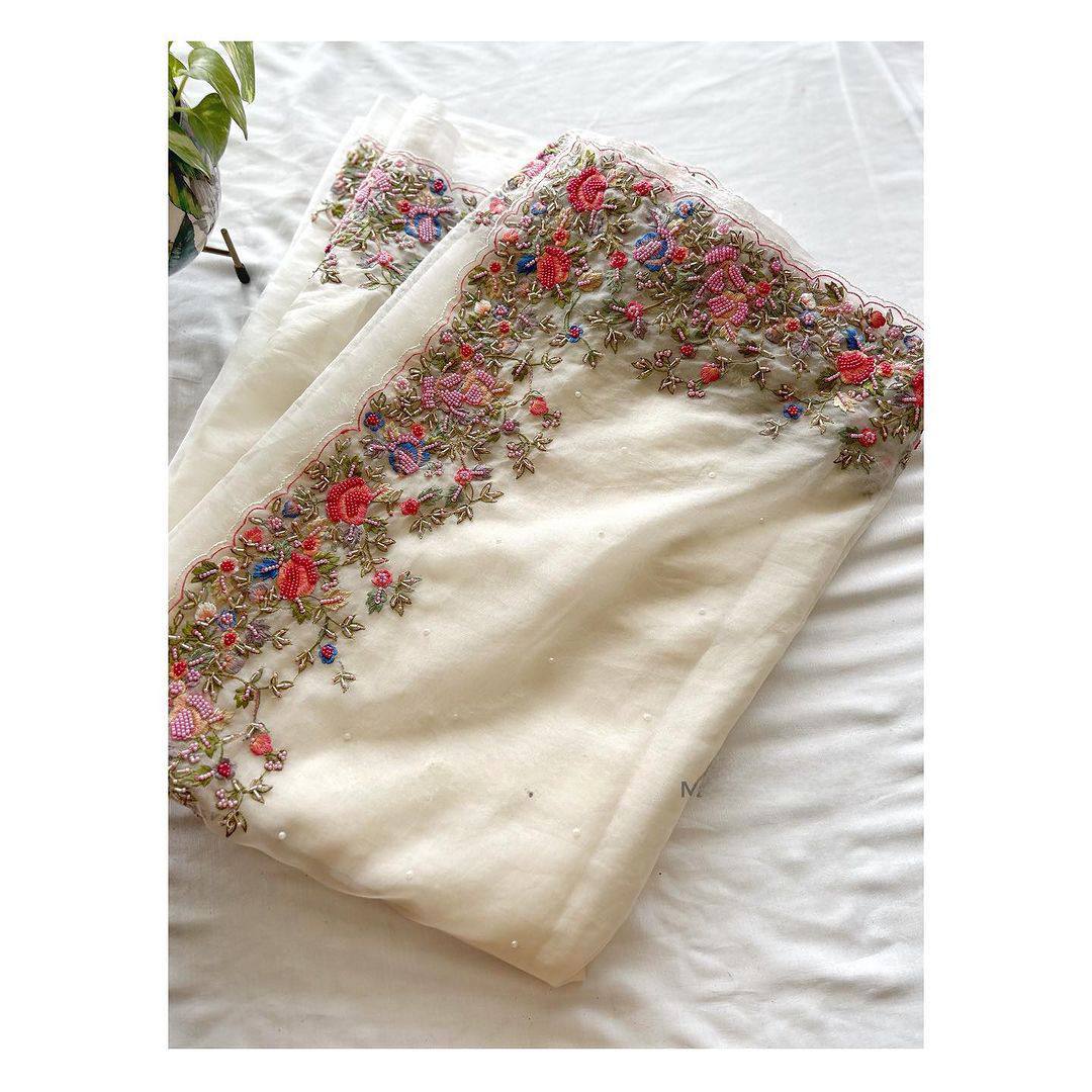 Beautiful Saree Heavy Tibby Silk Fabric with Pearl Work