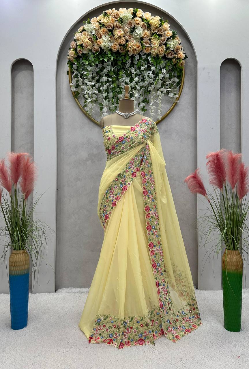 Beautiful Saree Heavy Tibby Silk Fabric with Pearl Work