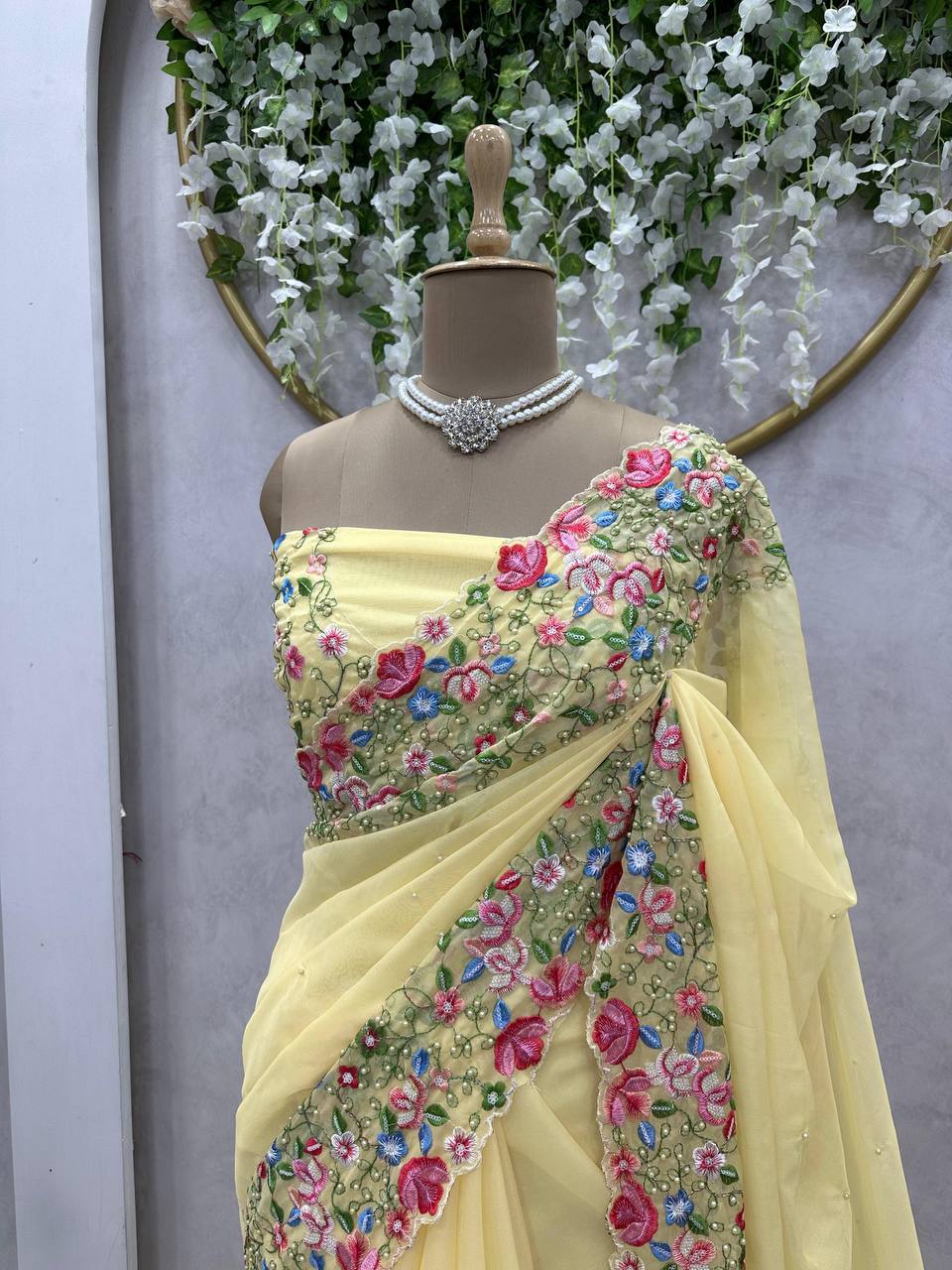 Beautiful Saree Heavy Tibby Silk Fabric with Pearl Work