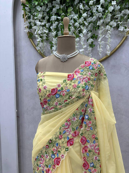 Beautiful Saree Heavy Tibby Silk Fabric with Pearl Work