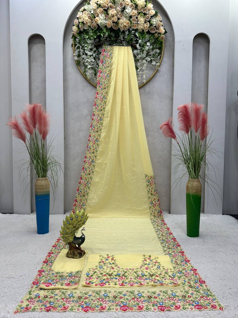 Beautiful Saree Heavy Tibby Silk Fabric with Pearl Work