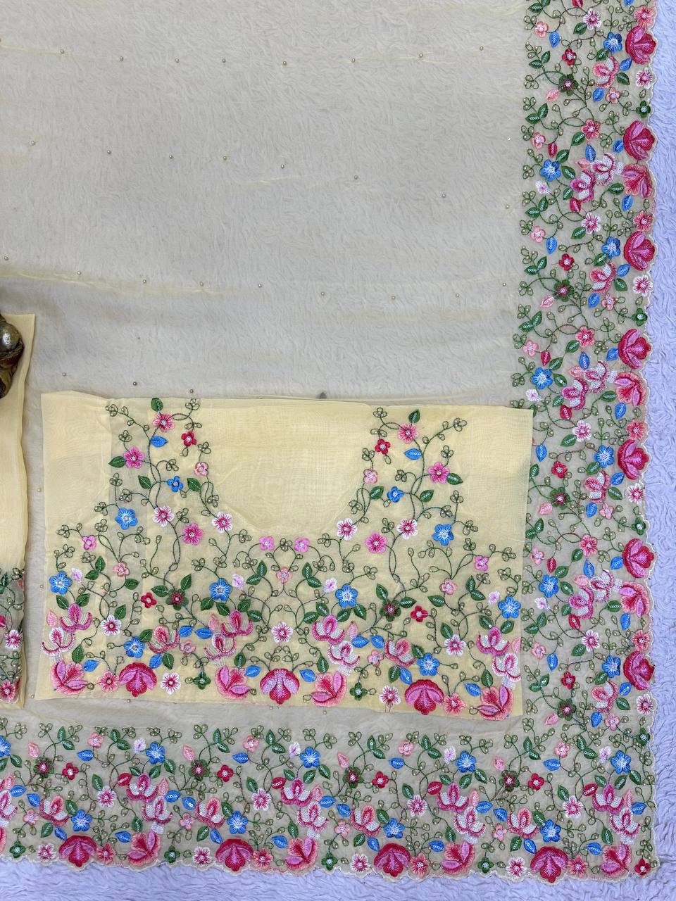 Beautiful Saree Heavy Tibby Silk Fabric with Pearl Work