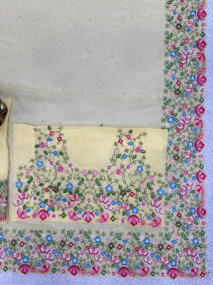 Beautiful Saree Heavy Tibby Silk Fabric with Pearl Work