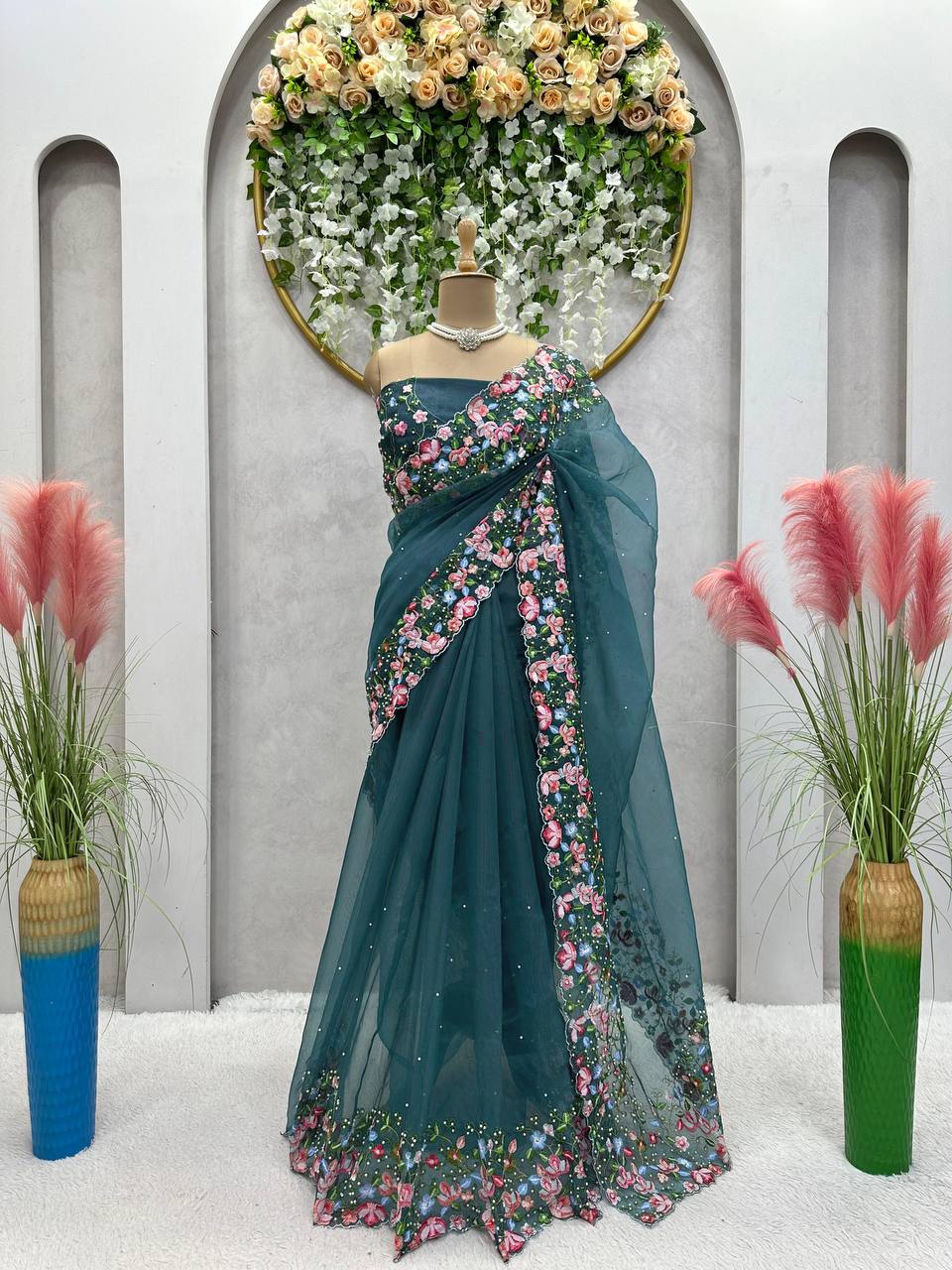 Beautiful Saree Heavy Tibby Silk Fabric with Pearl Work