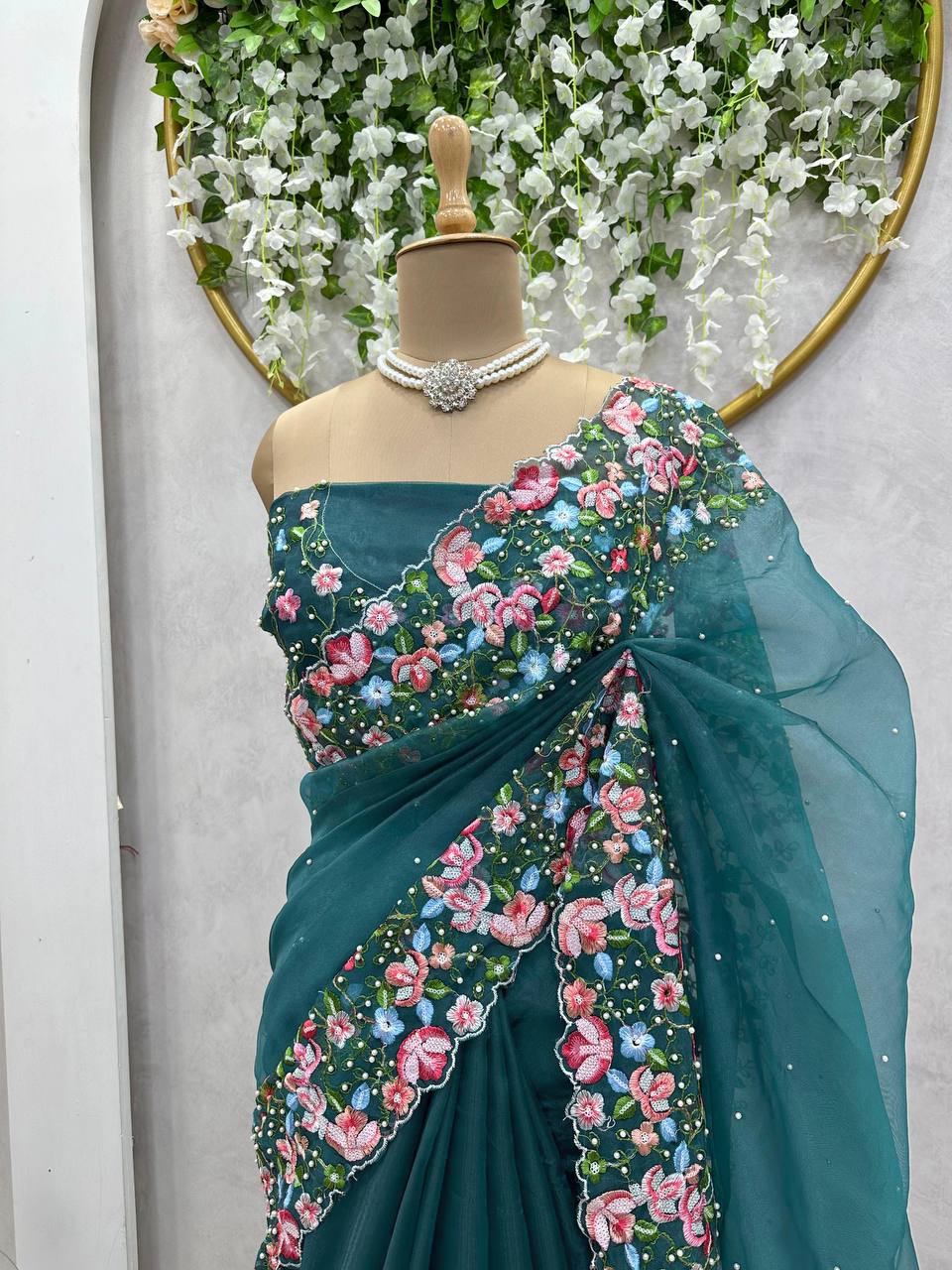 Beautiful Saree Heavy Tibby Silk Fabric with Pearl Work