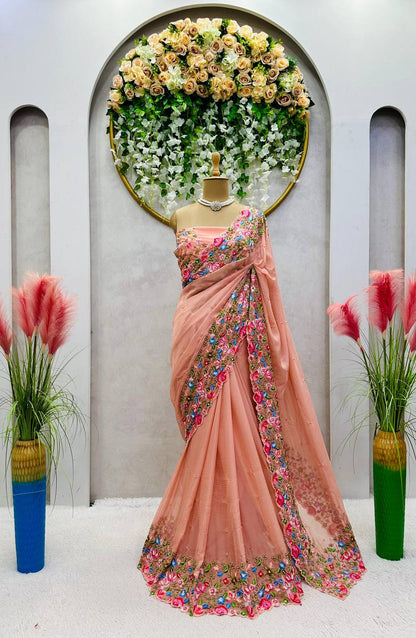 Beautiful Saree Heavy Tibby Silk Fabric with Pearl Work