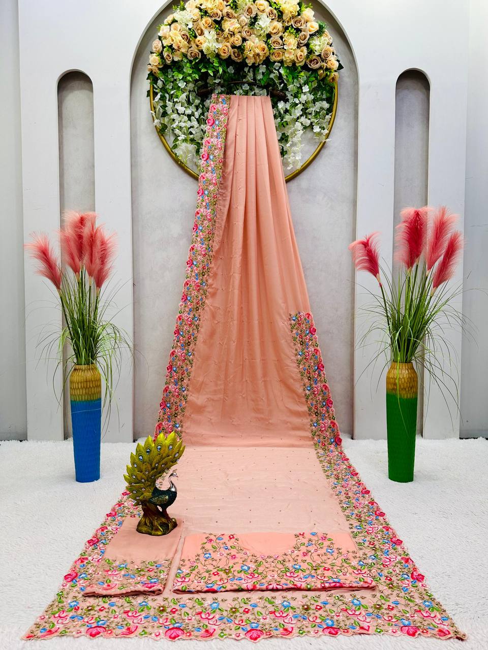 Beautiful Saree Heavy Tibby Silk Fabric with Pearl Work