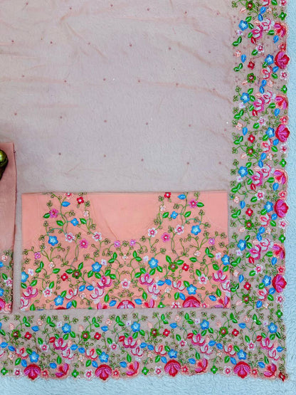Beautiful Saree Heavy Tibby Silk Fabric with Pearl Work