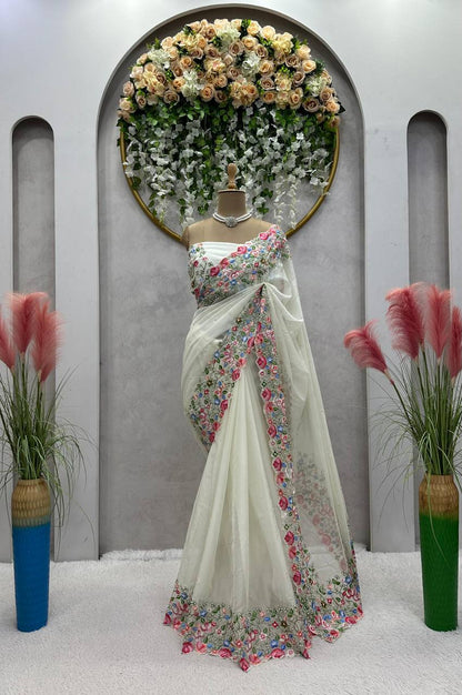 Beautiful Saree Heavy Tibby Silk Fabric with Pearl Work