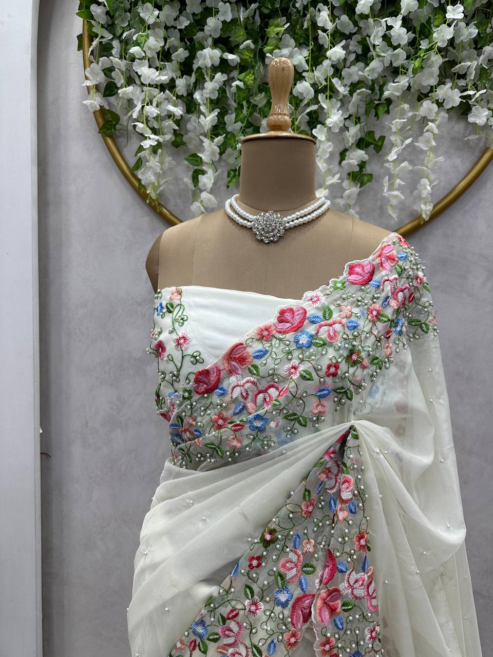 Beautiful Saree Heavy Tibby Silk Fabric with Pearl Work