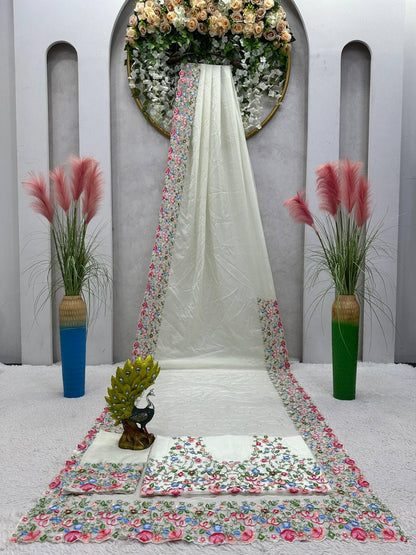 Beautiful Saree Heavy Tibby Silk Fabric with Pearl Work