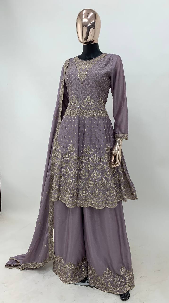 Purple Color Chinon Embroidered Fully Stitched Sharara Suit
