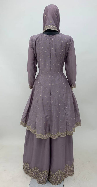 Purple Color Chinon Embroidered Fully Stitched Sharara Suit