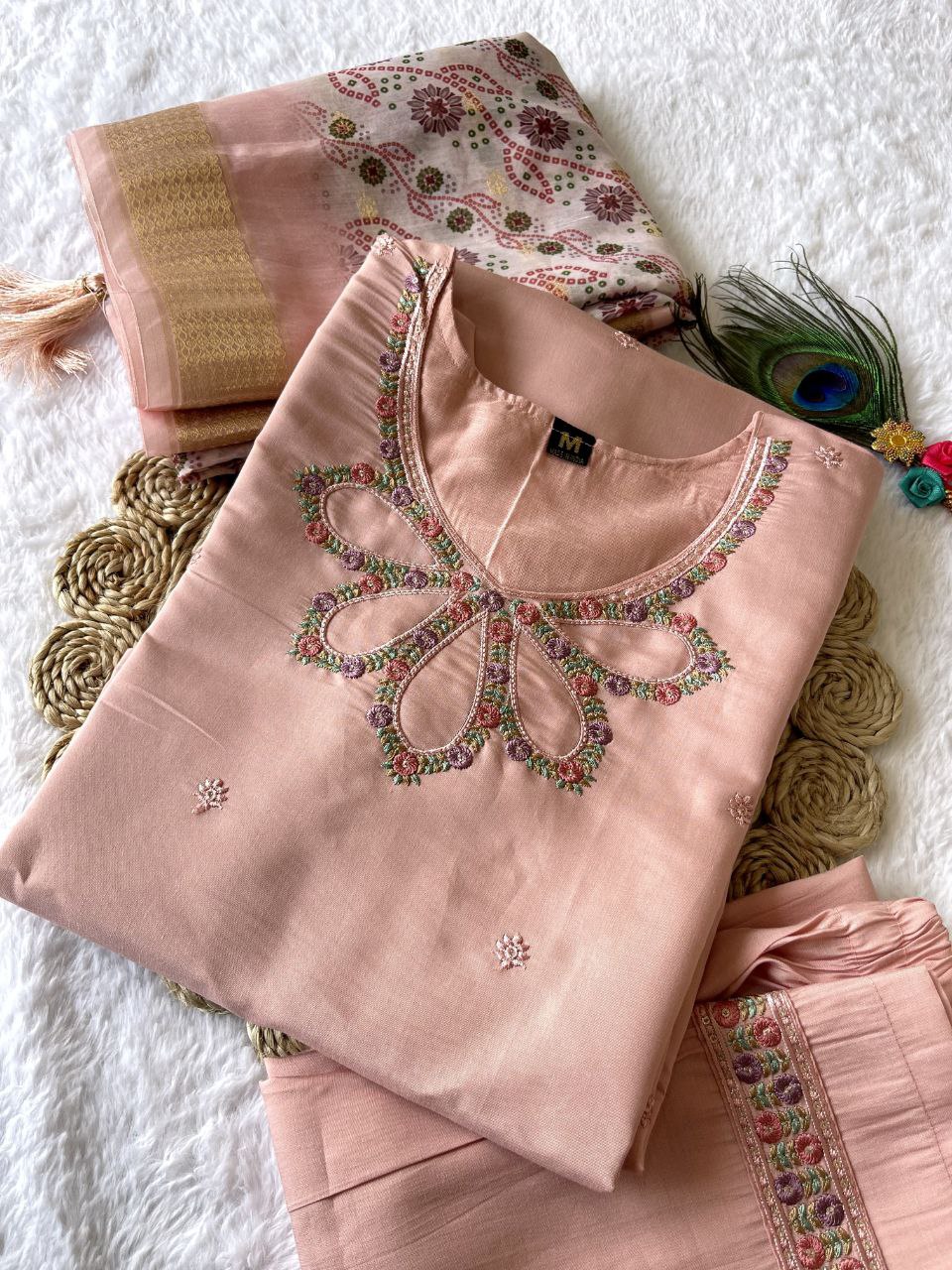 Peach Roman Silk Full Stitched Salwar Suit Set