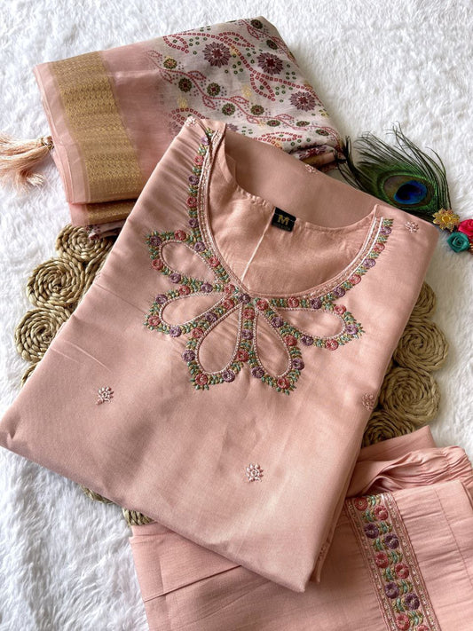 Peach Roman Silk Full Stitched Salwar Suit Set