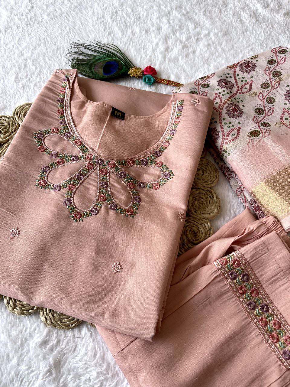 Peach Roman Silk Full Stitched Salwar Suit Set