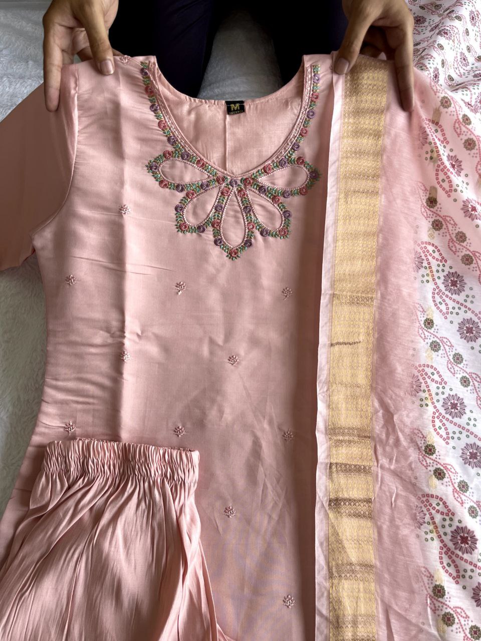 Peach Roman Silk Full Stitched Salwar Suit Set