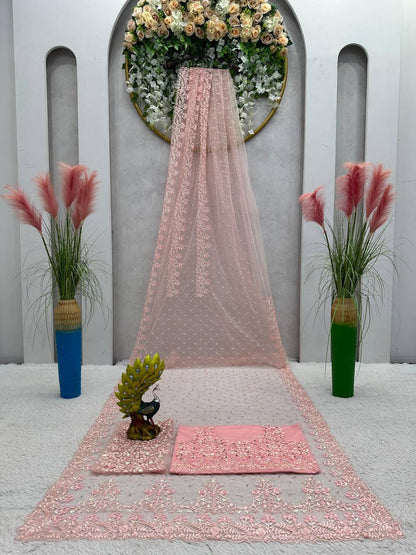 Party Wear Soft Net With Pearl Work Saree For Women
